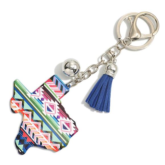 Blue Pink Green Aztec Southwestern State of Texas Tassel Keychain Bag Charm - Picture 1 of 3